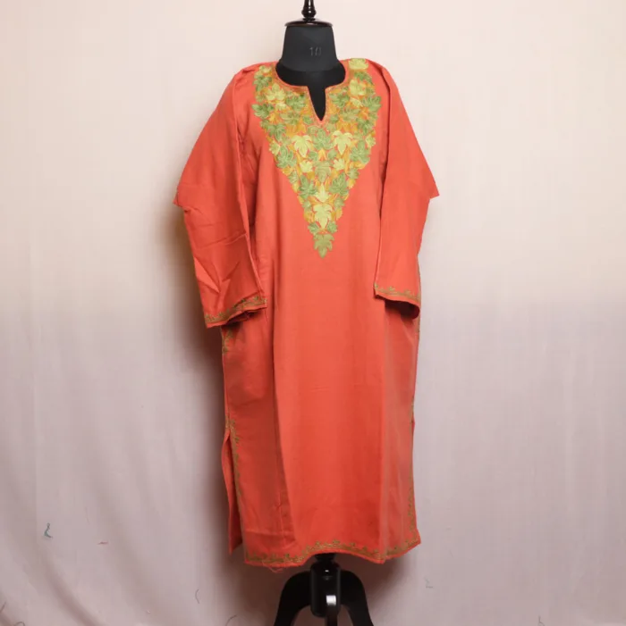 Peach Cashmilon Pheran with Classic Aari Embroidery - Munawarabad Collection - Image 2