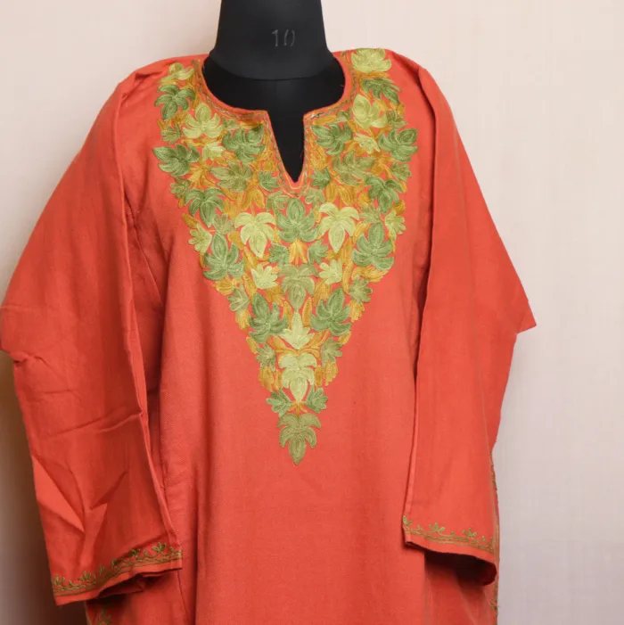 Peach Cashmilon Pheran with Classic Aari Embroidery - Munawarabad Collection