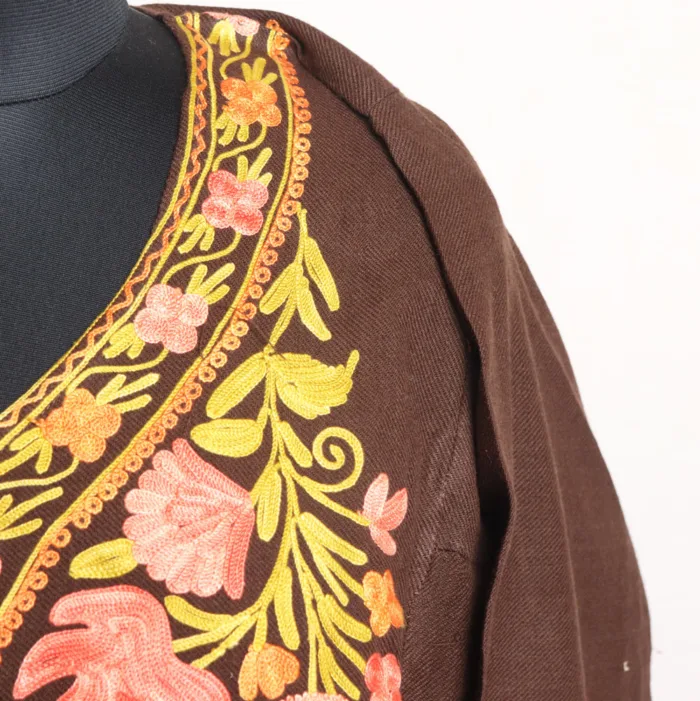 Elegant Brown Cashmilon Pheran Adorned with Unique Aari Patterns - Munawarabad Collection - Image 3