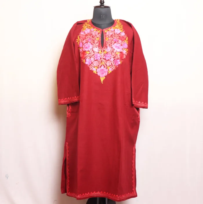 Maroon Cashmilon Pheran with Beautiful Aari Embroidery - Munawarabad Collection - Image 2