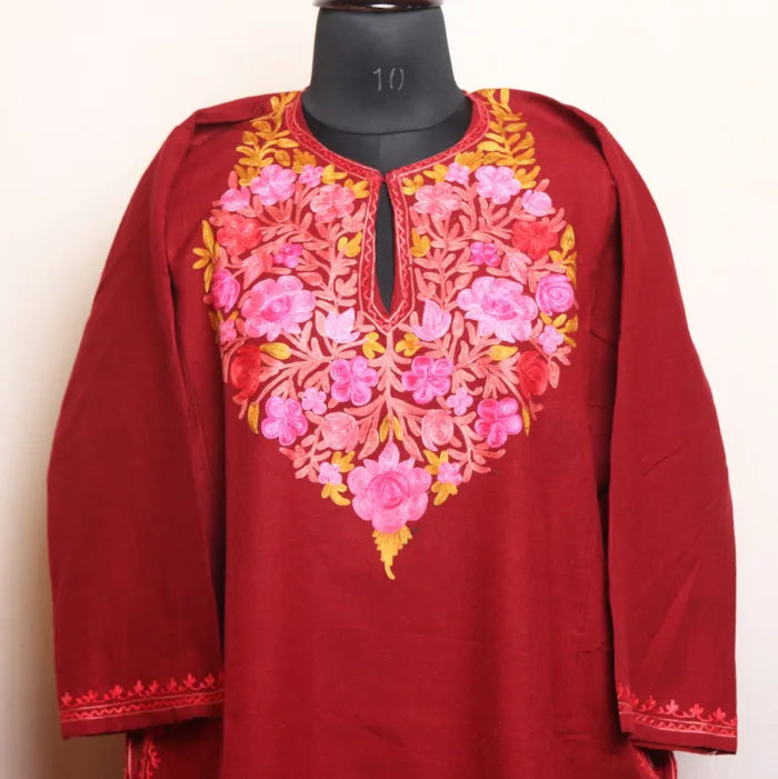 Maroon Cashmilon Pheran with Beautiful Aari Embroidery - Munawarabad Collection