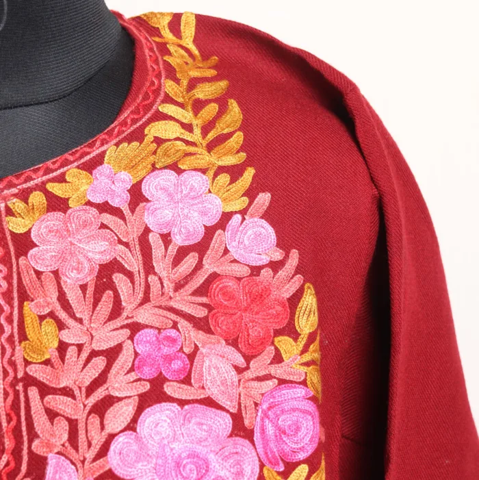 Maroon Cashmilon Pheran with Beautiful Aari Embroidery - Munawarabad Collection - Image 3