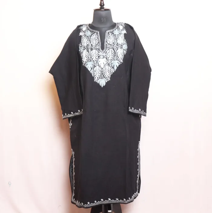 Black Cashmilon Pheran with Classic Aari Detailing - Munawarabad Collection - Image 2