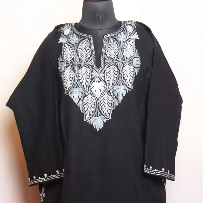 Black Cashmilon Pheran with Classic Aari Detailing - Munawarabad Collection