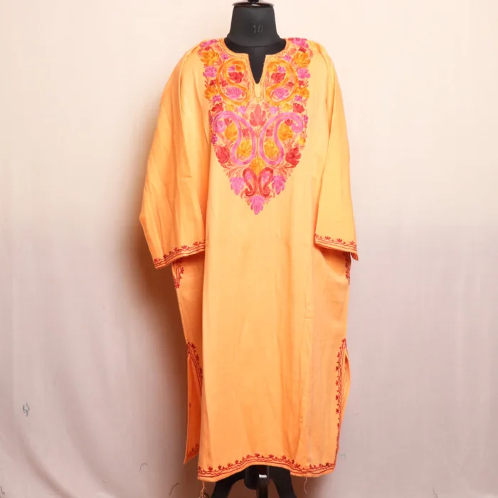 Peach Colored Cashmilon Pheran with Stunning Aari Work - Munawarabad Collection - Image 2