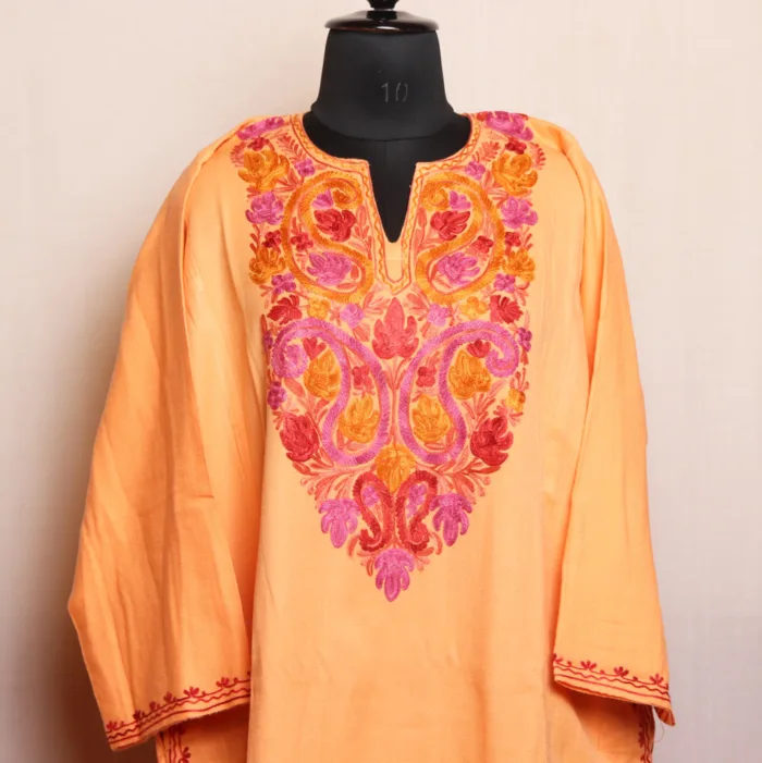 Peach Colored Cashmilon Pheran with Stunning Aari Work - Munawarabad Collection