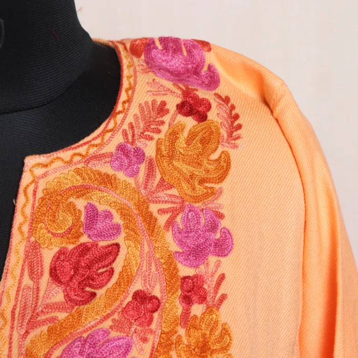 Peach Colored Cashmilon Pheran with Stunning Aari Work - Munawarabad Collection - Image 3