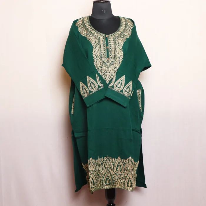 Elegant Dark Green Acrowool Pheran with Heavy Daman and Sleeve Zari Embroidery - Rouf Collection