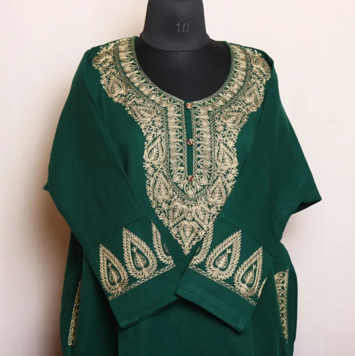 Elegant Dark Green Acrowool Pheran with Heavy Daman and Sleeve Zari Embroidery - Rouf Collection - Image 2