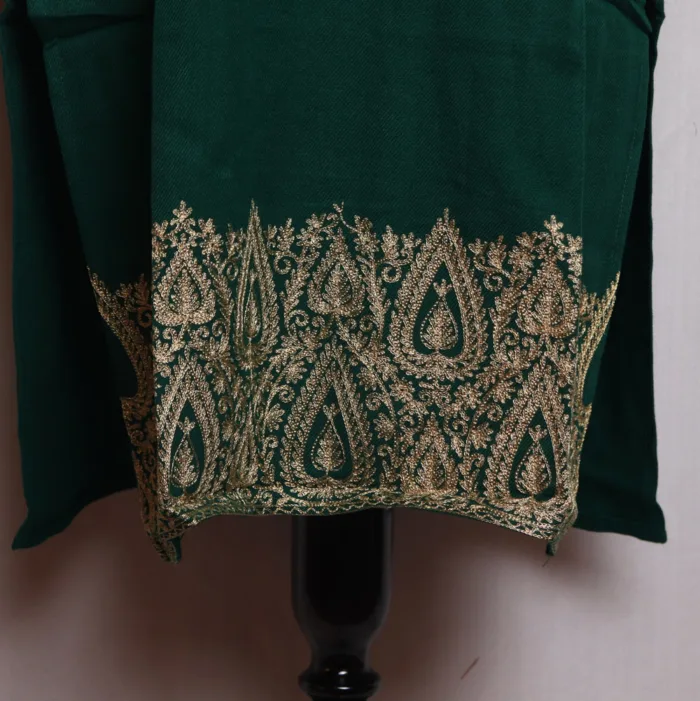 Elegant Dark Green Acrowool Pheran with Heavy Daman and Sleeve Zari Embroidery - Rouf Collection - Image 3