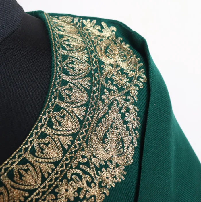 Elegant Dark Green Acrowool Pheran with Heavy Daman and Sleeve Zari Embroidery - Rouf Collection - Image 4