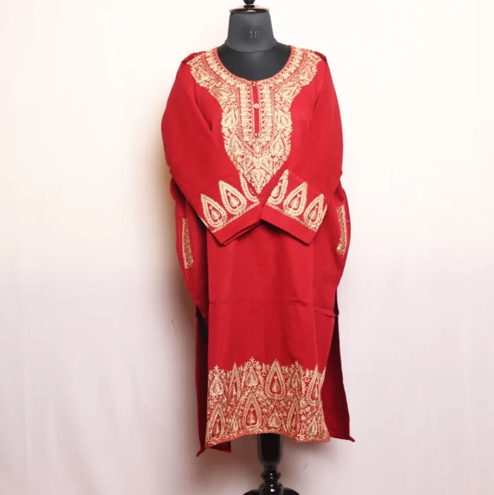 Maroon Acrowool Pheran with Heavy Zari Work on Daman and Sleeves - Rouf Collection