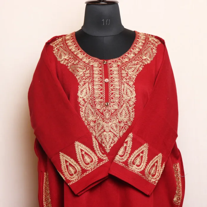 Maroon Acrowool Pheran with Heavy Zari Work on Daman and Sleeves - Rouf Collection - Image 2