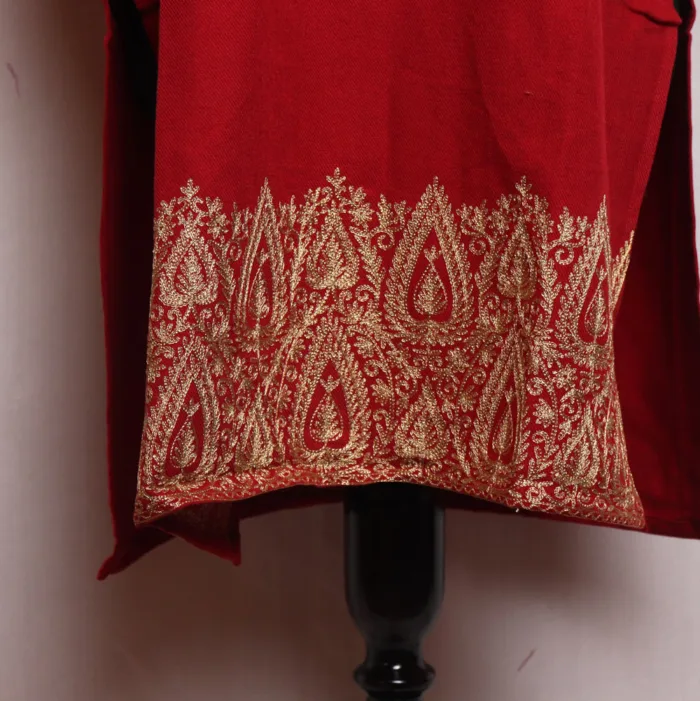 Maroon Acrowool Pheran with Heavy Zari Work on Daman and Sleeves - Rouf Collection - Image 3