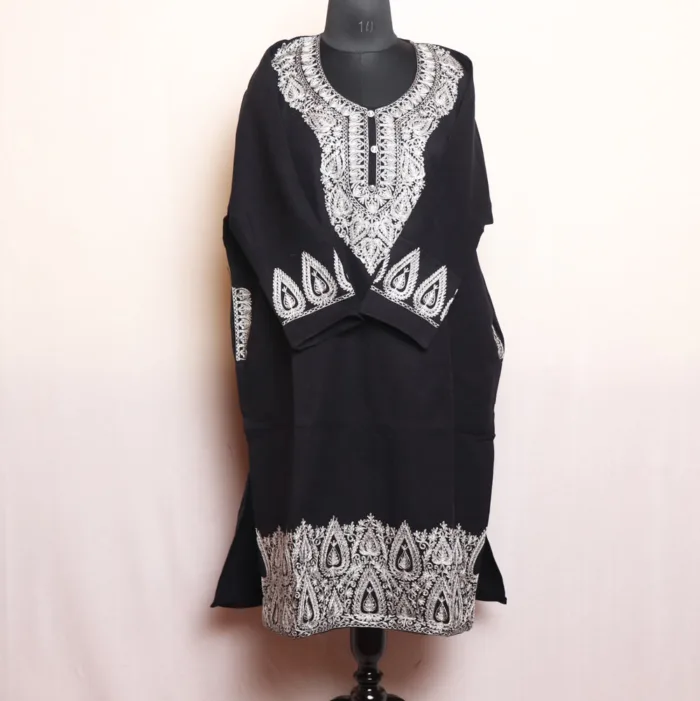 Black Acrowool Pheran with Adorable Daman and Sleeve Zari Embroidery - Rouf Collection