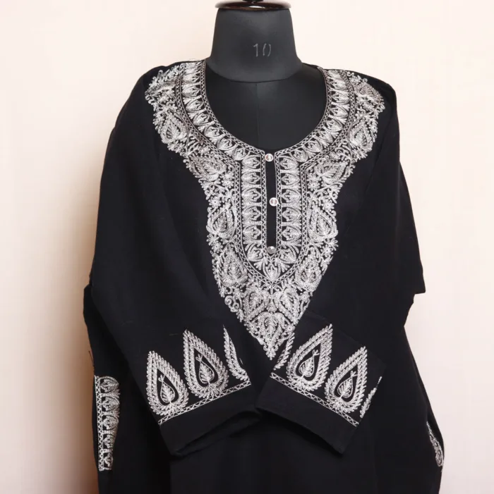 Black Acrowool Pheran with Adorable Daman and Sleeve Zari Embroidery - Rouf Collection - Image 2