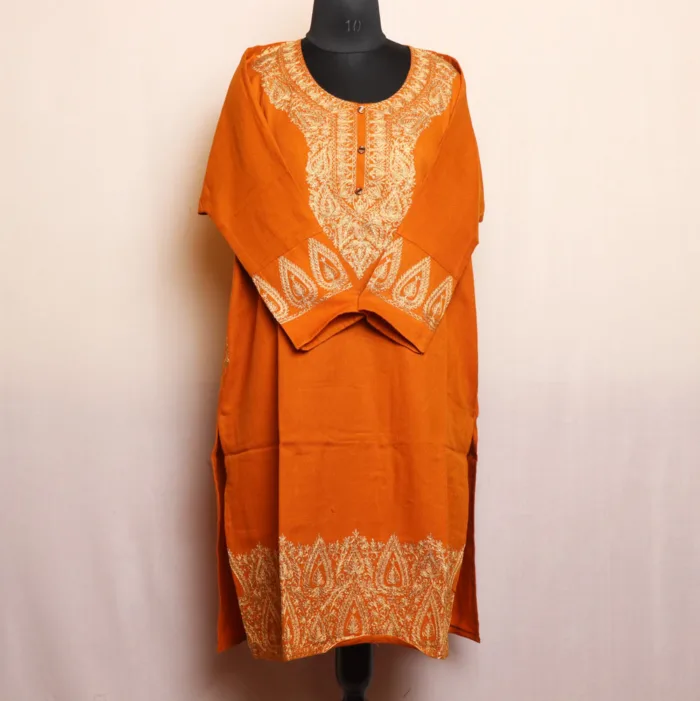 Classic Mustard Acrowool Pheran with Stunning Heavy Zari Detailing - Rouf Collection