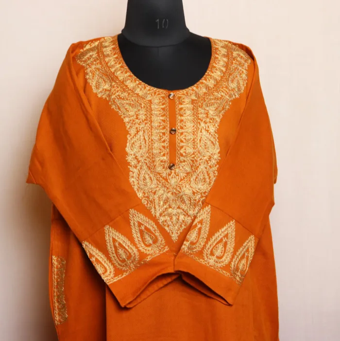 Classic Mustard Acrowool Pheran with Stunning Heavy Zari Detailing - Rouf Collection - Image 2