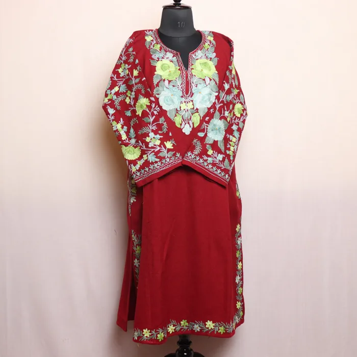 Classic Maroon Cashmilon Pheran with Aari Sleeve Embroidery - Rouf Collection - Image 2