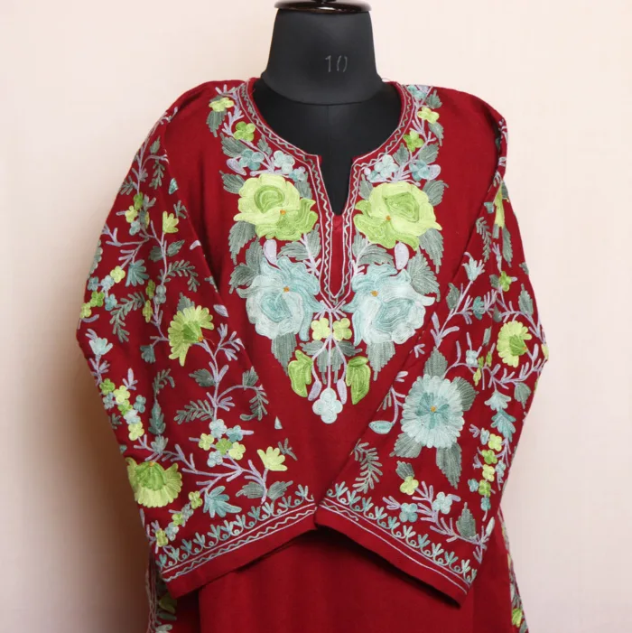 Classic Maroon Cashmilon Pheran with Aari Sleeve Embroidery - Rouf Collection