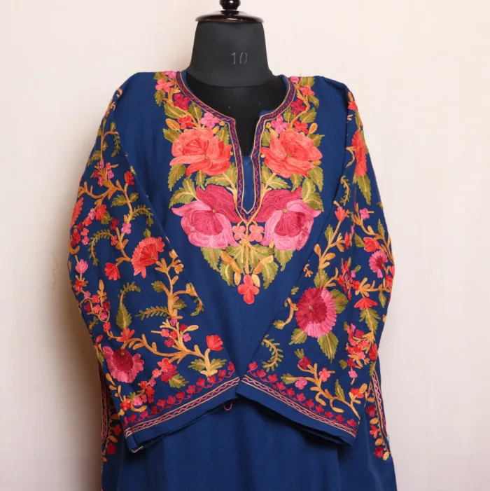 Deep Blue Cashmilon Pheran with Elegant Sleeve Aari Detailing - Rouf Collection