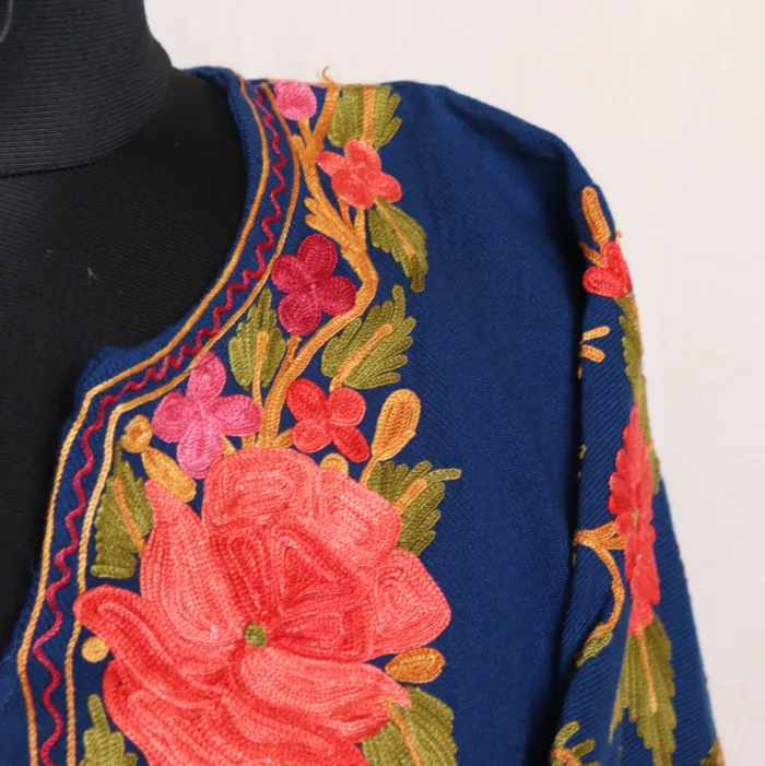 Deep Blue Cashmilon Pheran with Elegant Sleeve Aari Detailing - Rouf Collection - Image 3