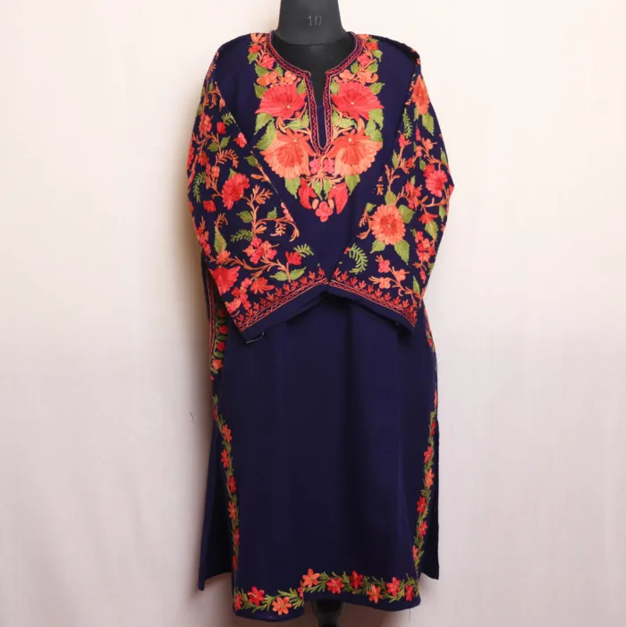 Timeless Navy Blue Cashmilon Pheran with Exquisite Sleeve Aari Design - Rouf Collection - Image 2