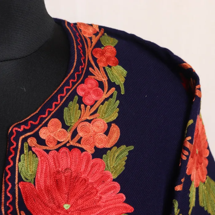 Timeless Navy Blue Cashmilon Pheran with Exquisite Sleeve Aari Design - Rouf Collection - Image 3