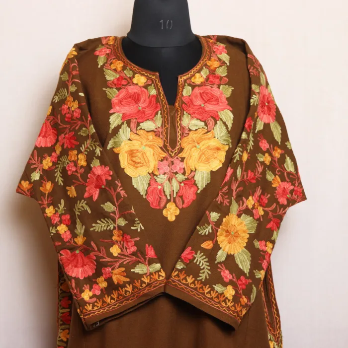 Chocolate Brown Cashmilon Pheran with Beautiful Sleeve Aari Work - Rouf Collection