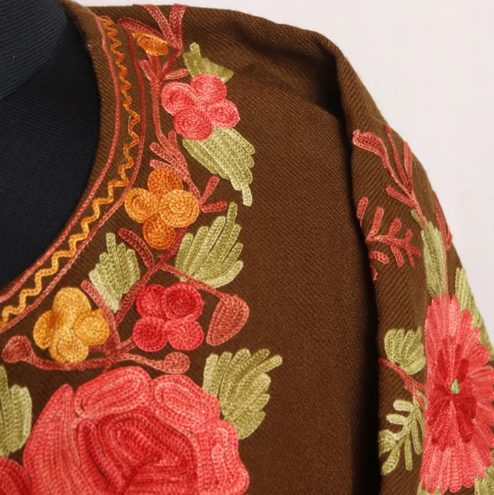 Chocolate Brown Cashmilon Pheran with Beautiful Sleeve Aari Work - Rouf Collection - Image 3