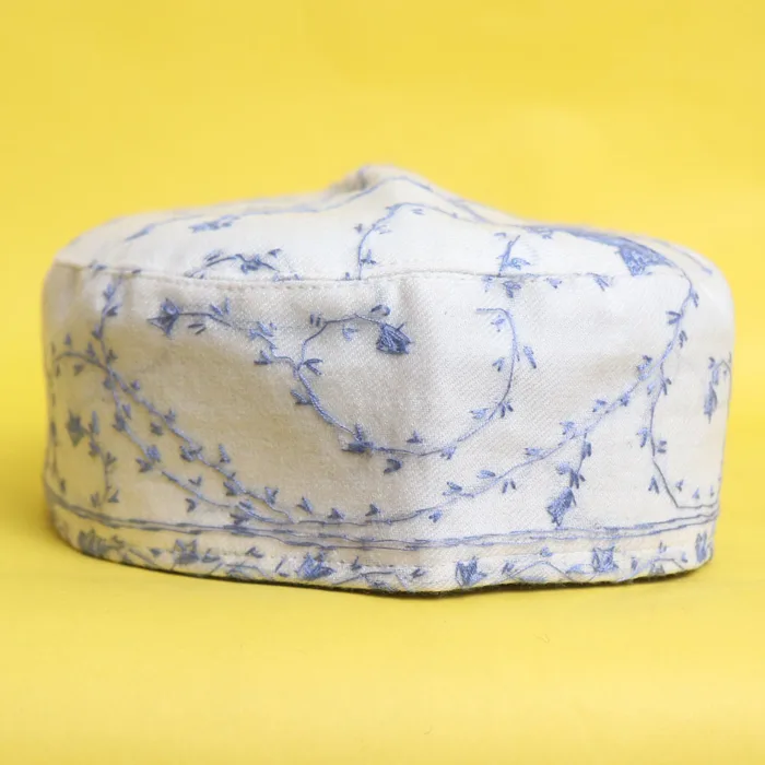 Yousufi Toosha White and Blue Cap Adorned with Hand Sozni Work | Akh Border