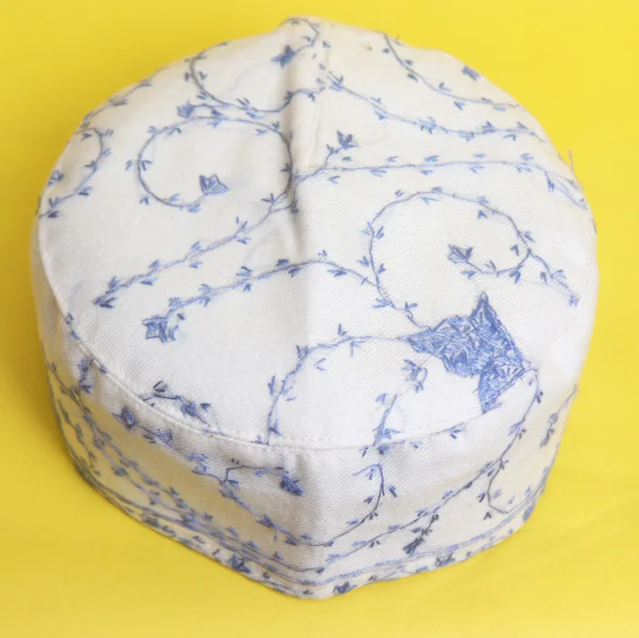 Yousufi Toosha White and Blue Cap Adorned with Hand Sozni Work | Akh Border - Image 2