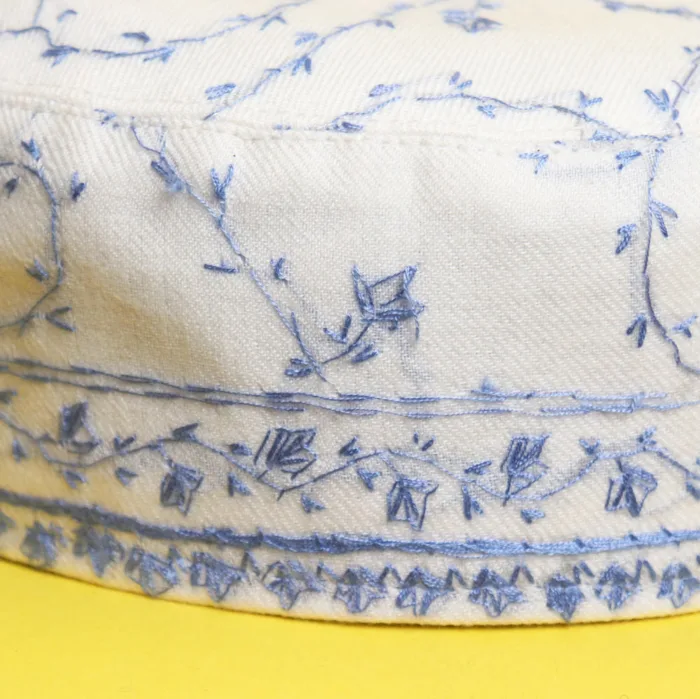 Noorbagh White and Blue Toosha Cap with Hand Sozni Double Border Embroidery - Image 2