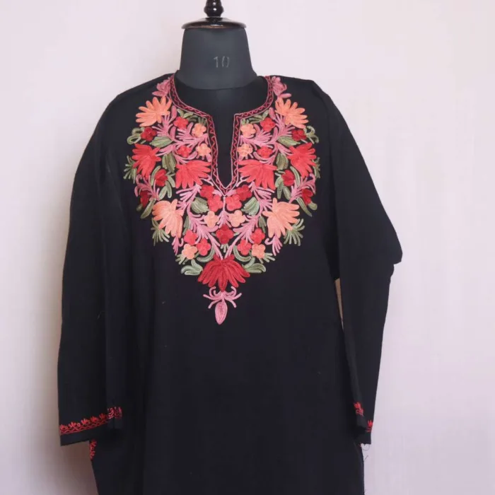 Premium Cashmilon Black Aari Embroidered Pheran for Women - Khanyar Collection