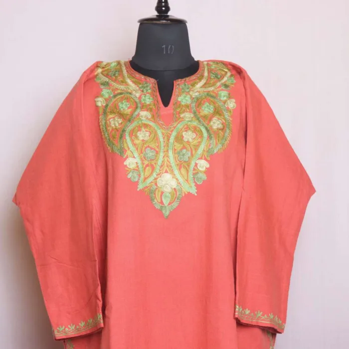 Traditional Rustic Pink Cashmilon Pheran with Elegent Aari Work - Khanyar Collection