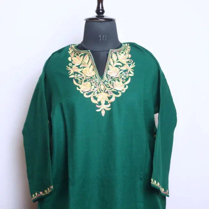 Graceful Cashmilon Dark Green Short Pheran with Aari Embroidery