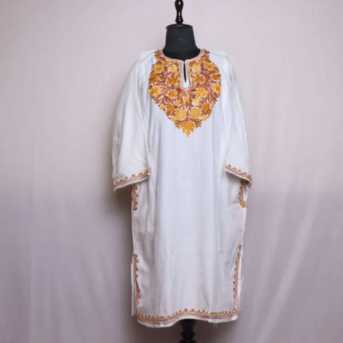 Stylish White Aari Work  Pheran in Soft Cashmilon - Image 2