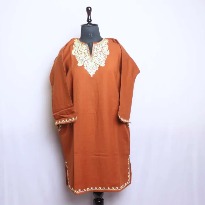 Classic Cashmilon Chocolate Short Pheran with Elegent Aari Work L38 - Image 2