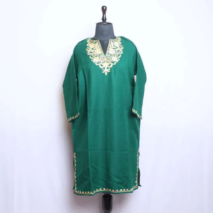 Graceful Cashmilon Dark Green Short Pheran with Aari Embroidery - Image 3