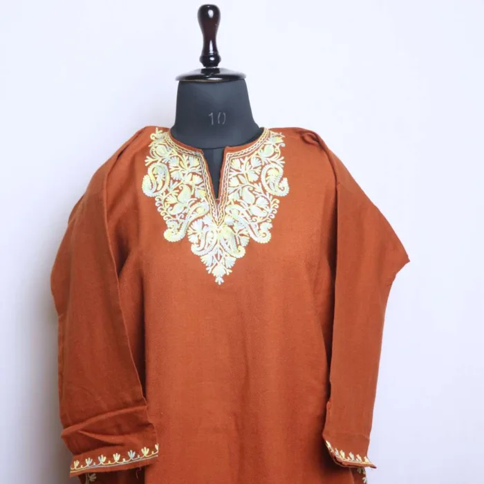 Classic Cashmilon Chocolate Short Pheran with Elegent Aari Work L38