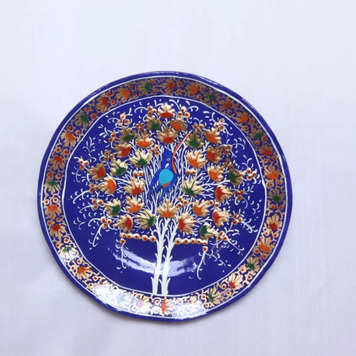 Traditional Kashmiri Paper Mache Decorative Wall Plate with Bird on Tree Design