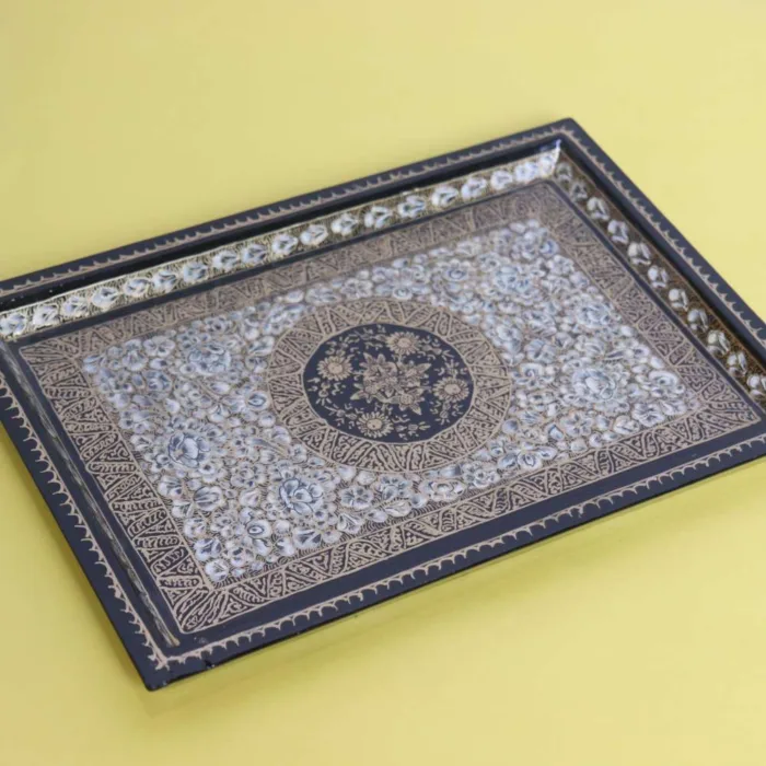 Kashmiri Paper Mache Tray with Floral and Vine Patterns