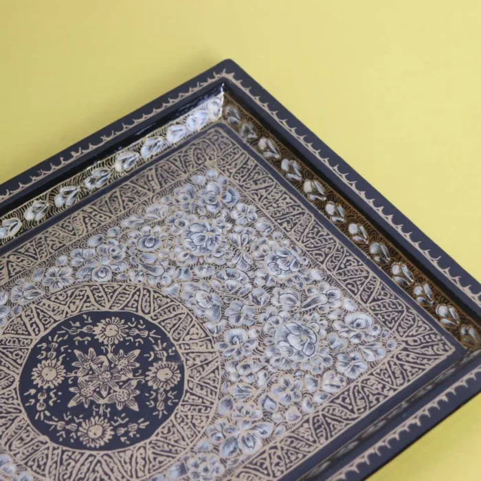 Kashmiri Paper Mache Tray with Floral and Vine Patterns - Image 2