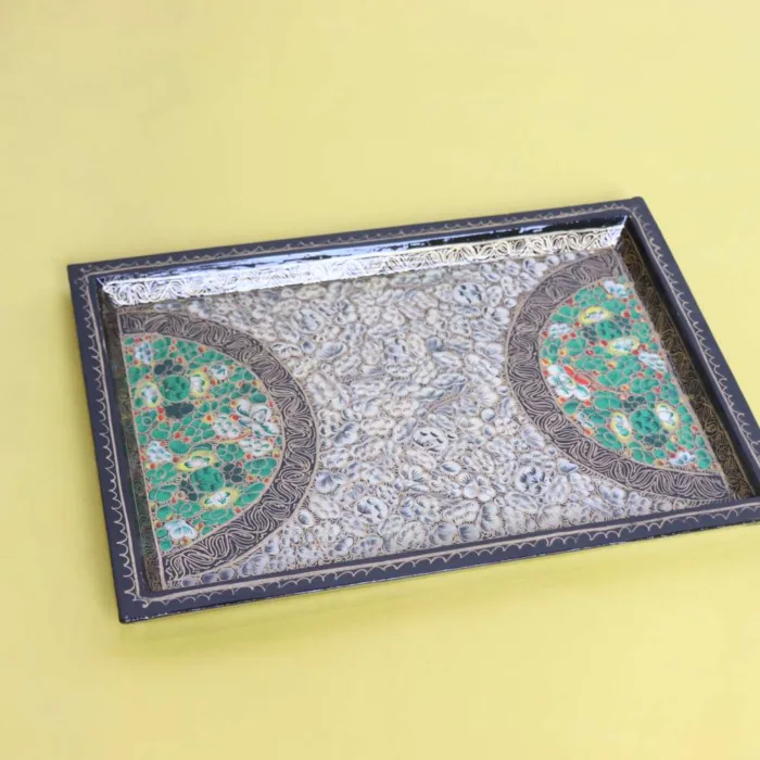 Golden Paper Mache Tray with Hand-Drawn Paisley Artwork