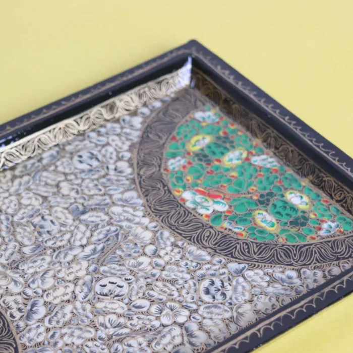 Golden Paper Mache Tray with Hand-Drawn Paisley Artwork - Image 2