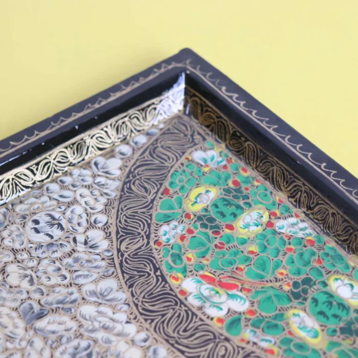 Golden Paper Mache Tray with Hand-Drawn Paisley Artwork - Image 3