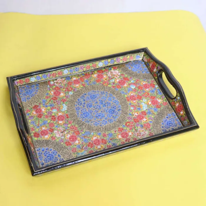 Traditional Kashmiri Paper Mache Tray with Multicolor Floral Patterns