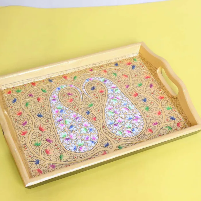 Hand-Painted Kashmiri Paper Mache Serving Tray with Floral Design