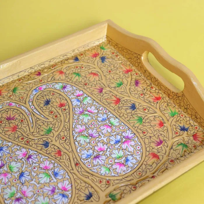 Hand-Painted Kashmiri Paper Mache Serving Tray with Floral Design - Image 2