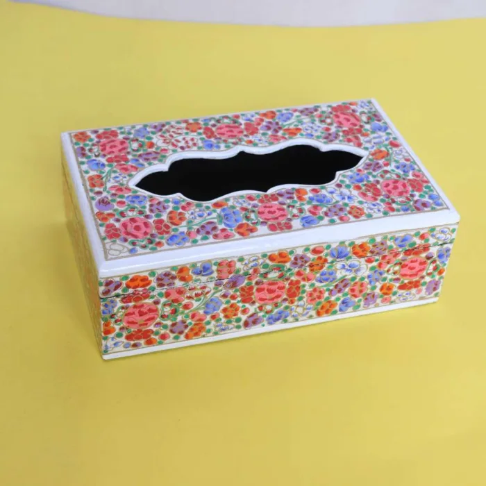 Kashmiri Paper Mache Tissue Box with Hand-Painted Floral Design